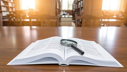 Open book with a magnifying glass in a library. Symbolizes research, study, knowledge, and discovery. Perfect for education, learning, or investigation themes.