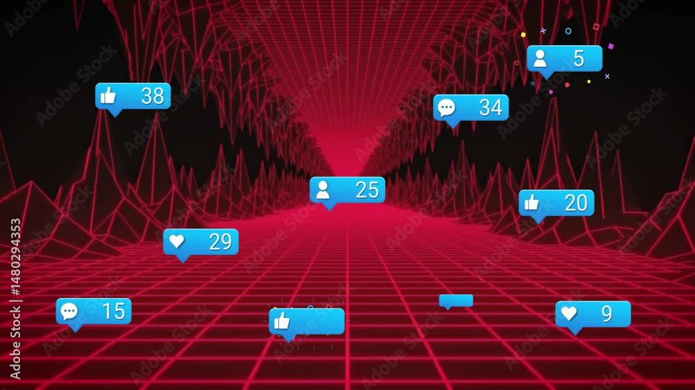 Poster blue notification bubble with user icon and #33 floating through neon-red tunnel showing counters