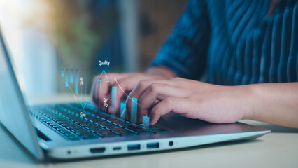 Business showing cost with down arrow and quality with up arrow and improvement quality of product and service.Quality control.