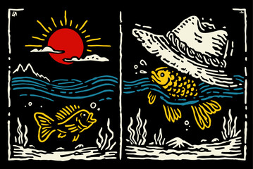 Fototapeta premium Colorful Fish Illustration with Sunset and Hat Design Elements