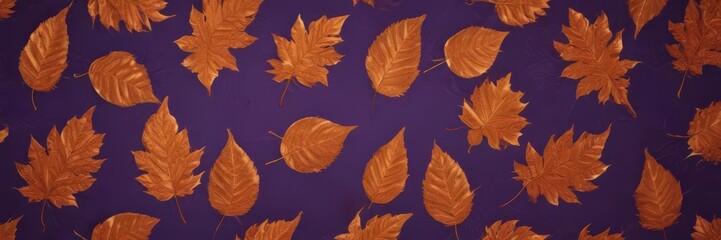 Obraz premium Intricate arrangement of dry orange metallic leaves against deep violet Elegant fall pattern , detail, luxury