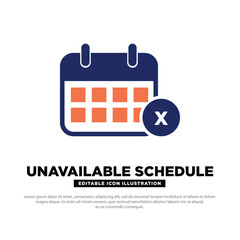 Unavailable schedule Calendar Icon. Calendar with X Mark Indicating Unavailable Date. Vector Editable.