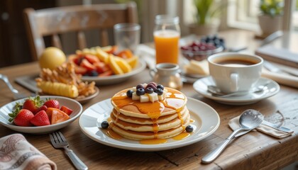 Capture a vibrant breakfast table with pancakes, fresh fruits maple syrup, and a steaming cup of coffee. Use natural light for a warm, inviting fee