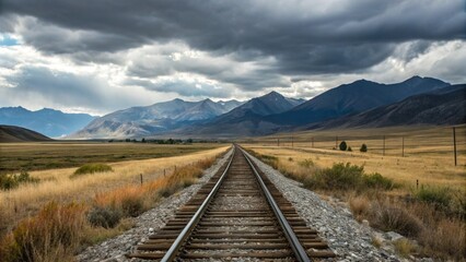Fototapeta premium Railroad Tracks Leading to Majestic Mountain Range Under Dramatic Sky