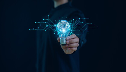 Hand of  holding illuminated light bulb, Idea innovation and inspiration concept.  creativity with bulbs that shine glitter, Concept for success.