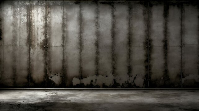 A high contrast and moody grey scale shot of an interior space with panels and textured walls.