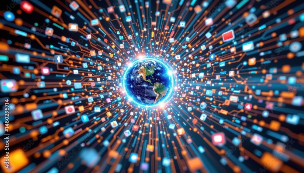 Poster imagine a mesmerizing hyper realistic artwork capturing a network of intricate digital icons interco