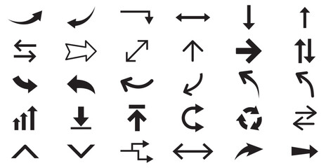 Arrows set of 25 black icons. Arrow icon. Arrow vector collection. Arrow. Cursor. Modern simple arrows. Vector illustration.