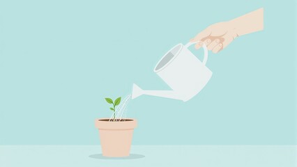 Hand Watering Sprout In Potted Plant