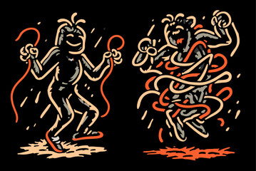 Playful Characters Jumping with Ropes in Unique Illustration Design