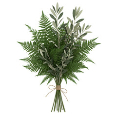 Bouquet of green ferns and olive branches tied with twine on a black background