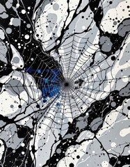 imagine a mesmerizing art piece that captures the essence of a spider web intricately woven in black, white, and gray paint using the monotype technique