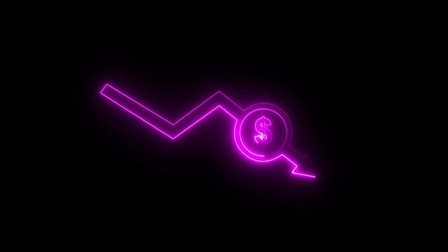 Cash with down arrow dollar icon .  growth business, economy, finance and success concept. 4k animation. Cash down, arrow and dollar stocks graph, market fall arrow and black background .