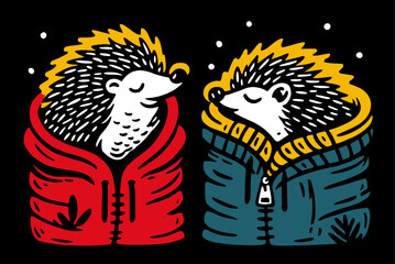 Charming Illustration of Hedgehogs Wearing Colorful Winter Shirts
