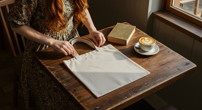 Person crafting a tote bag at a table for Mockup