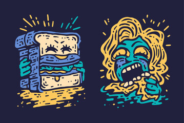 Obraz premium Colorful Illustration of Funny Sandwich and Woman Eating Snack