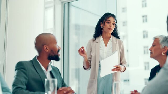 Business, people and speaker with paperwork in meeting for financial pitch, funding request and investment proposal. Finance, stakeholders and discussion with documents for budget report and feedback