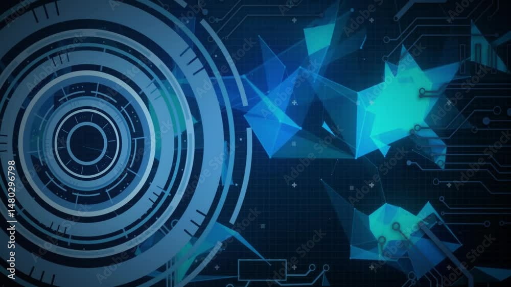 Poster concentric circular interface spinning on dark blue grid showing floating code and polygonal shapes