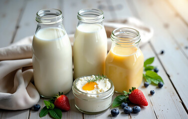 A variety of milk drinks and desserts on a wooden board