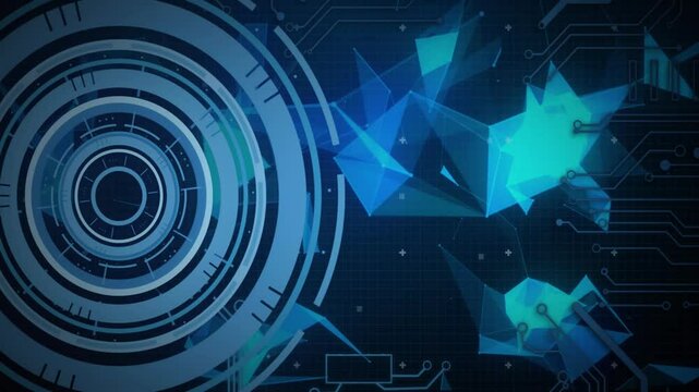 Concentric circular interface spinning on dark blue grid showing floating code and polygonal shapes