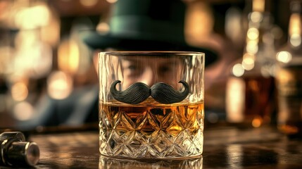 A clear glass with a rounded shape contains amber-colored liquid, adorned with a bright green felt mustache placed across the upper rim.
