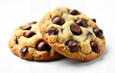 Delicious cookies with chocolate chips on a white background