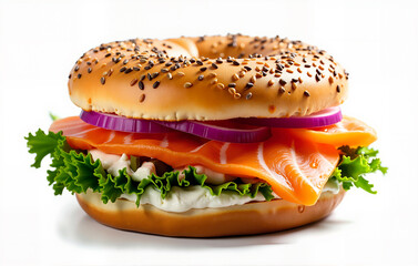 Delicious sandwich with salmon, lettuce and red onion on sesame bun