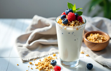 Fresh kefir with berries and muesli in a glass cup