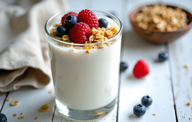 Fresh kefir with berries and muesli in a glass cup