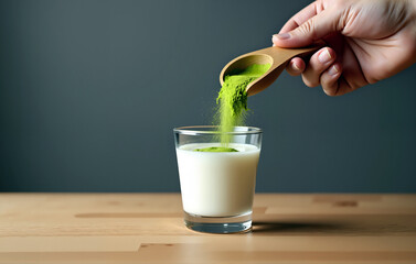 Making matcha green tea in a glass cup