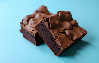 Mouth-watering pieces of chocolate brownie with icing on a blue background