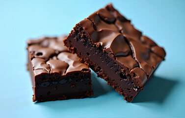 Mouth-watering pieces of chocolate brownie with icing on a blue background