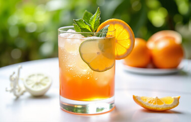 Refreshing drink with orange juice and lime in a glass