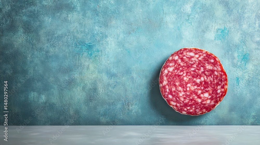 Poster Single slice of salami on a teal background with copy space.