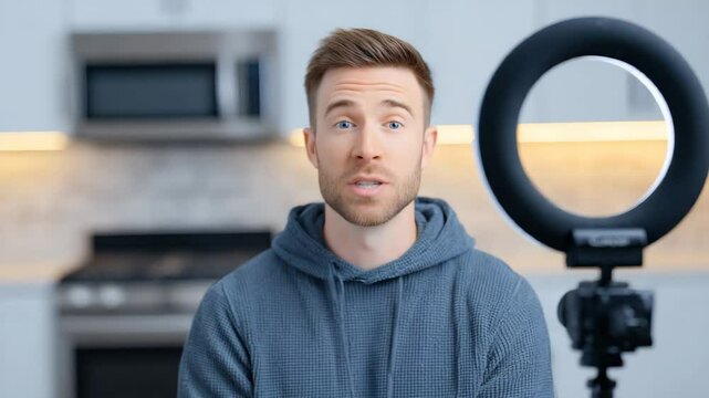 Vlogging with Passion: A young man in a blue hoodie with a serious expression is capturing his video blog. His camera is set up with a ring light.
