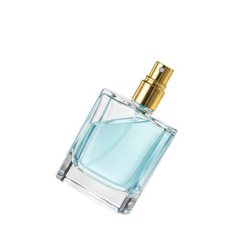 A transparent perfume bottle with gold spray cap