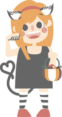 happy halloween holiday festival with girl wearing cat woman costume holding pumpkin and candy, flat png illustration cartoon character design