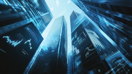 Modern Skyscrapers with Digital Data Overlay in Financial District