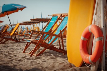 Empty Beach Scene with Folding Chairs, Umbrellas, and Surfboards, Serene Coastal Ambiance.