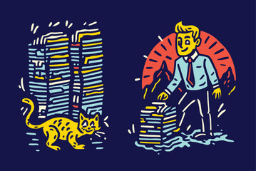 Colorful Illustration of Cat and Man among Stacks of Paper