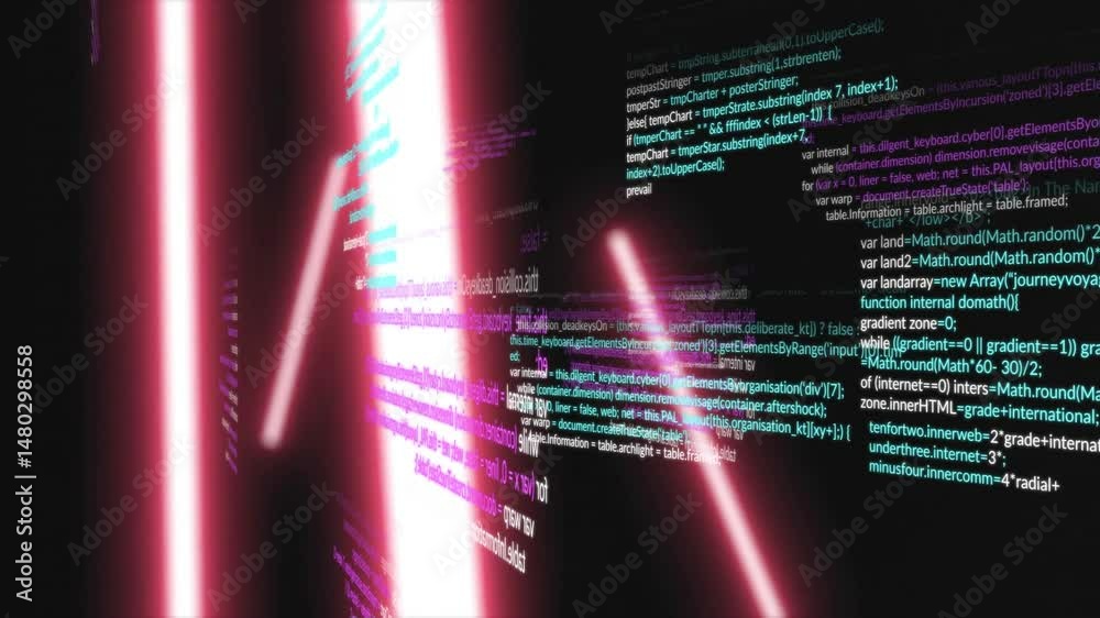Poster Floating code snippets creating depth, casting pink-white beam glow over layered syntax in 3D