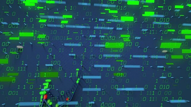 High-tech digital scene showing floating binary digits and green data blocks with 3D network graph