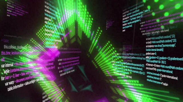 Central neon green and purple code patterns being visualized in 3D space with drifting fragments