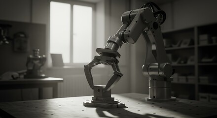 Monochrome robotic arm executing a precise task in a controlled environment