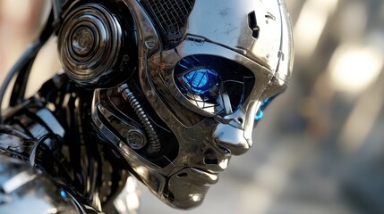 Fototapeta premium Advanced AI Robot Sleek Metallic Design and Blue Eyes