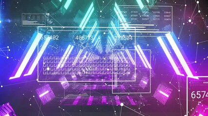3D data tunnel glowing neon receding into depth floating holographic panels connecting nodes - Powered by Adobe
