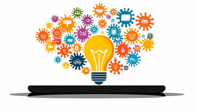 Bright lightbulb generating innovative ideas digital business concept