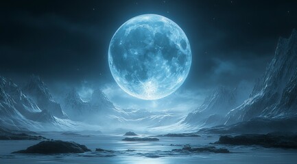 Fototapeta premium Moonlit, misty mountains, light, and night sky