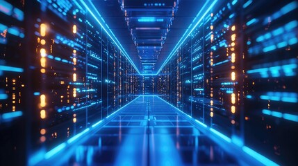 Fototapeta premium Colorful bokeh reflections of server lights with neon blue and orange tones in a narrow corridor, useful for tech advertising, digital innovation, and modern infrastructure design