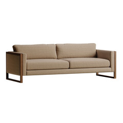 A tan sofa with wooden legs
